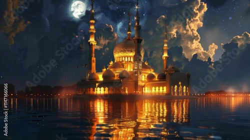 The Arabian night fairy tale, the landscape in the moonlight the fabulous sultan's palace glows with gold.