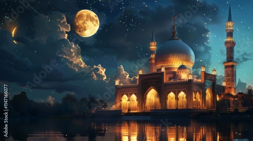 The Arabian night fairy tale, the landscape in the moonlight the fabulous sultan's palace glows with gold.