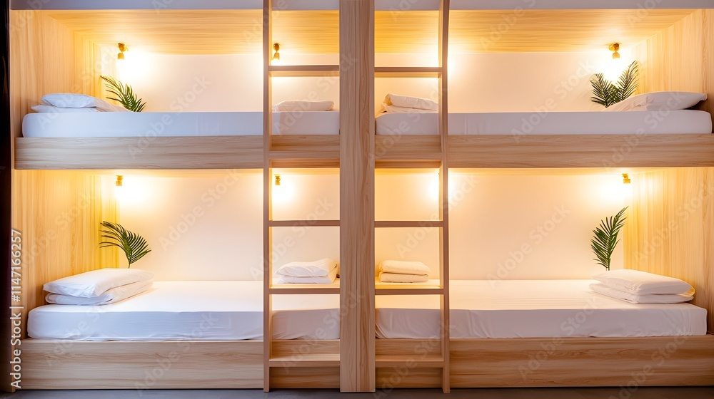 Serene shared hostel space with comfortable wooden bunk beds, soft diffused lighting, and privacy curtains, perfect for solo travelers seeking peace and comfort Serene shared hostel space with comfortable wooden bunk beds, soft diffused lighting, and privacy curtains, perfect for solo travelers seeking peace and comfort