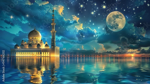 The Arabian night fairy tale, the landscape in the moonlight the fabulous sultan's palace glows with gold.