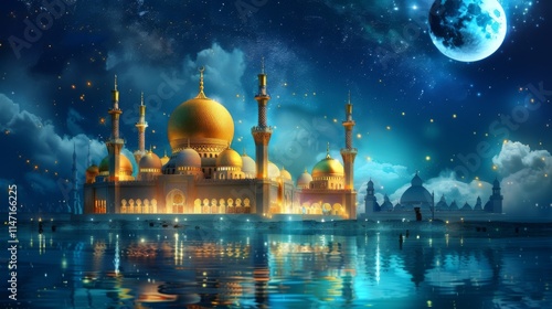 The Arabian night fairy tale, the landscape in the moonlight the fabulous sultan's palace glows with gold.