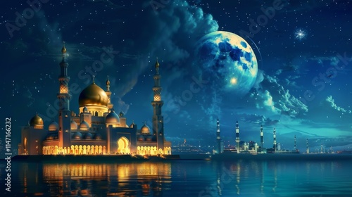 The Arabian night fairy tale, the landscape in the moonlight the fabulous sultan's palace glows with gold.