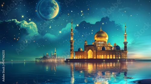 The Arabian night fairy tale, the landscape in the moonlight the fabulous sultan's palace glows with gold.
