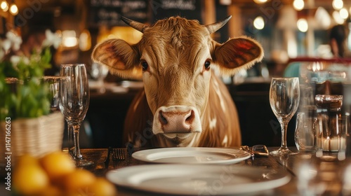 Cow at a Restaurant Table