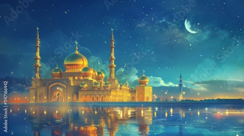 The Arabian night fairy tale, the landscape in the moonlight the fabulous sultan's palace glows with gold.