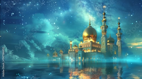 The Arabian night fairy tale, the landscape in the moonlight the fabulous sultan's palace glows with gold.