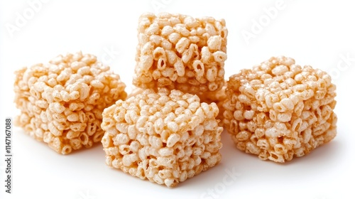 Golden crispy rice treat close-up, vibrant texture against white background, perfect for childhood snack nostalgia and quality ads