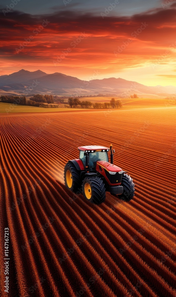 Vibrant Sunset Over Agricultural Field with Tractor Cultivating Land and Scenic Mountain Backdrop Vibrant Sunset Over Agricultural Field with Tractor Cultivating Land and Scenic Mountain Backdrop