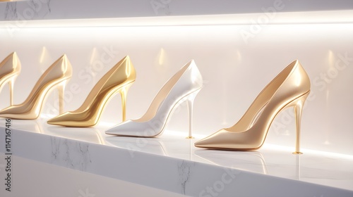 Luxury boutique setup, women's high heels in glossy finishes arranged in rows on marble shelves, ambient warm lighting emphasizing each style photo