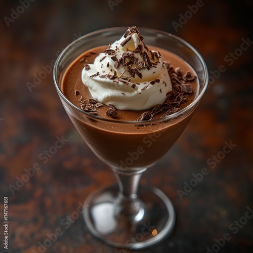 Chocolate mousse dessert in glass, topped with whipped cream and chocolate shavings. (1) photo