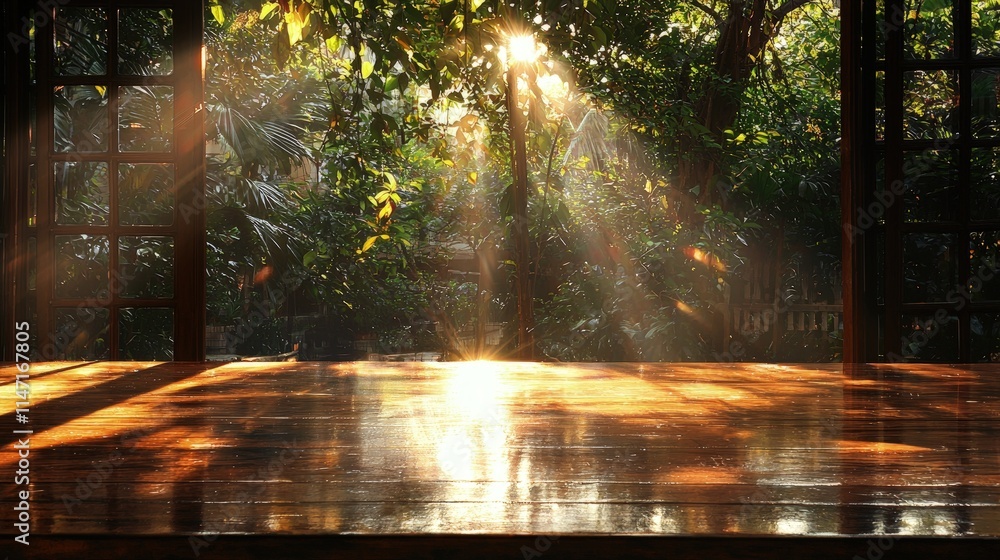 Fototapeta premium Golden sunlight streams through lush green trees onto the polished wooden floor of a traditional pavilion.