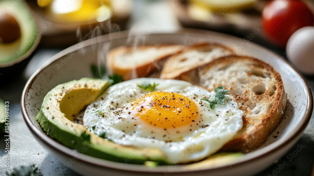 Soft-focus photo of steaming sunny-side-up eggs garnished with cracked black pepper, surrounded by toasted bread and fresh avocado on a breakfast table. Soft-focus photo of steaming sunny-side-up eggs garnished with cracked black pepper, surrounded by toasted bread and fresh avocado on a breakfast table.
