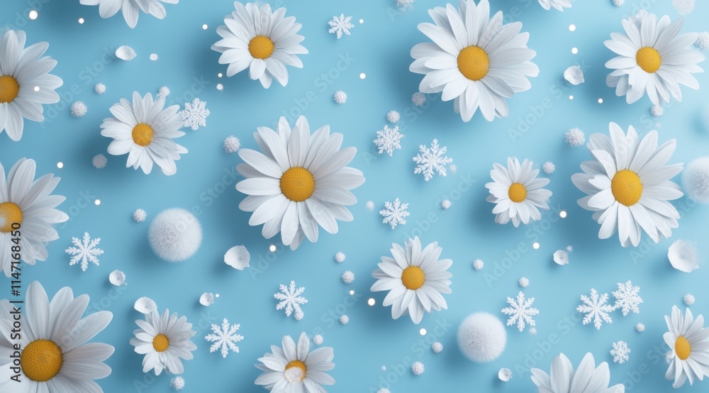 Obraz premium Pastel blue background with white daisies, small flowers, and spheres.