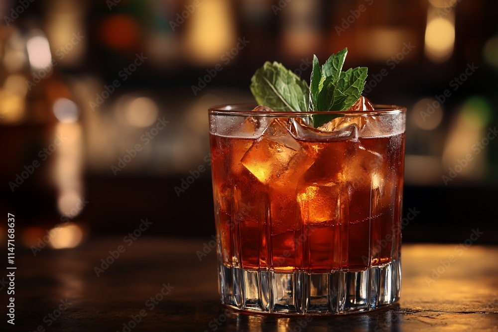 Refreshing iced cocktail in rocks glass with mint garnish on bar. Refreshing iced cocktail in rocks glass with mint garnish on bar.