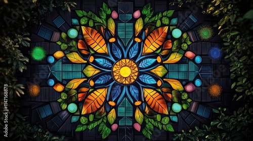 Wallpaper Mural Vibrant floral mosaic artwork with glowing orbs. Torontodigital.ca