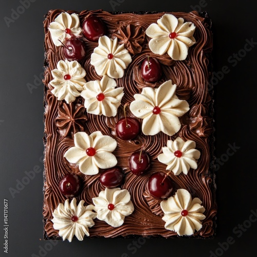 Black Forest cake with chocolate frosting and cherry garnish. photo