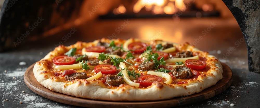 Freshly baked delicious pizza with colorful toppings in wood-fired oven Freshly baked delicious pizza with colorful toppings in wood-fired oven