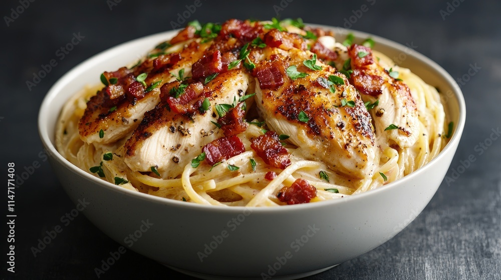 Creamy pasta with chicken and bacon. Creamy pasta with chicken and bacon.