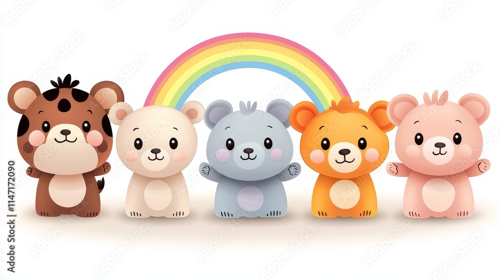 Cute vector background featuring a blue sky, rainbow, and cartoon animals waving at kids, ideal for playful branding or ads Cute vector background featuring a blue sky, rainbow, and cartoon animals waving at kids, ideal for playful branding or ads