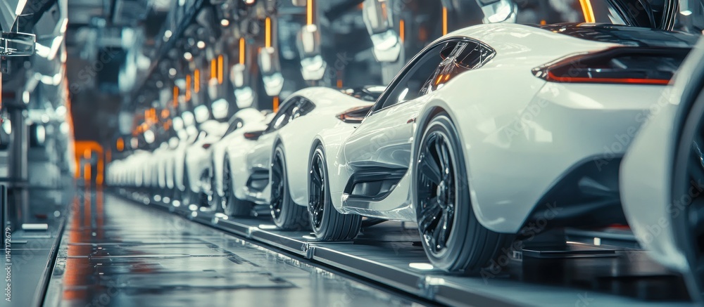 row of white cars on assembly line in futuristic factory row of white cars on assembly line in futuristic factory