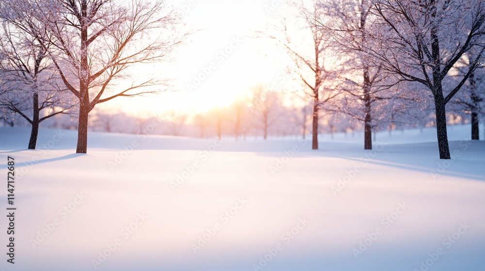 Winter wonderland sunrise, frosted trees on a snowy field.