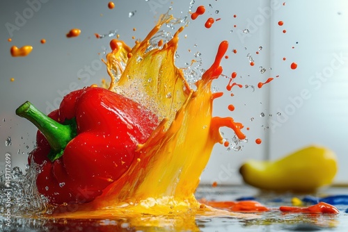 Red pepper splashing vibrant yellow orange paint photo