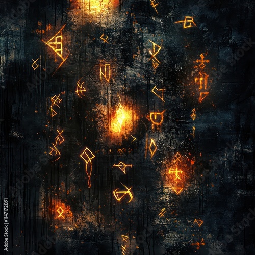 Mystic runes with glowing inscriptions on a textured dark background, .