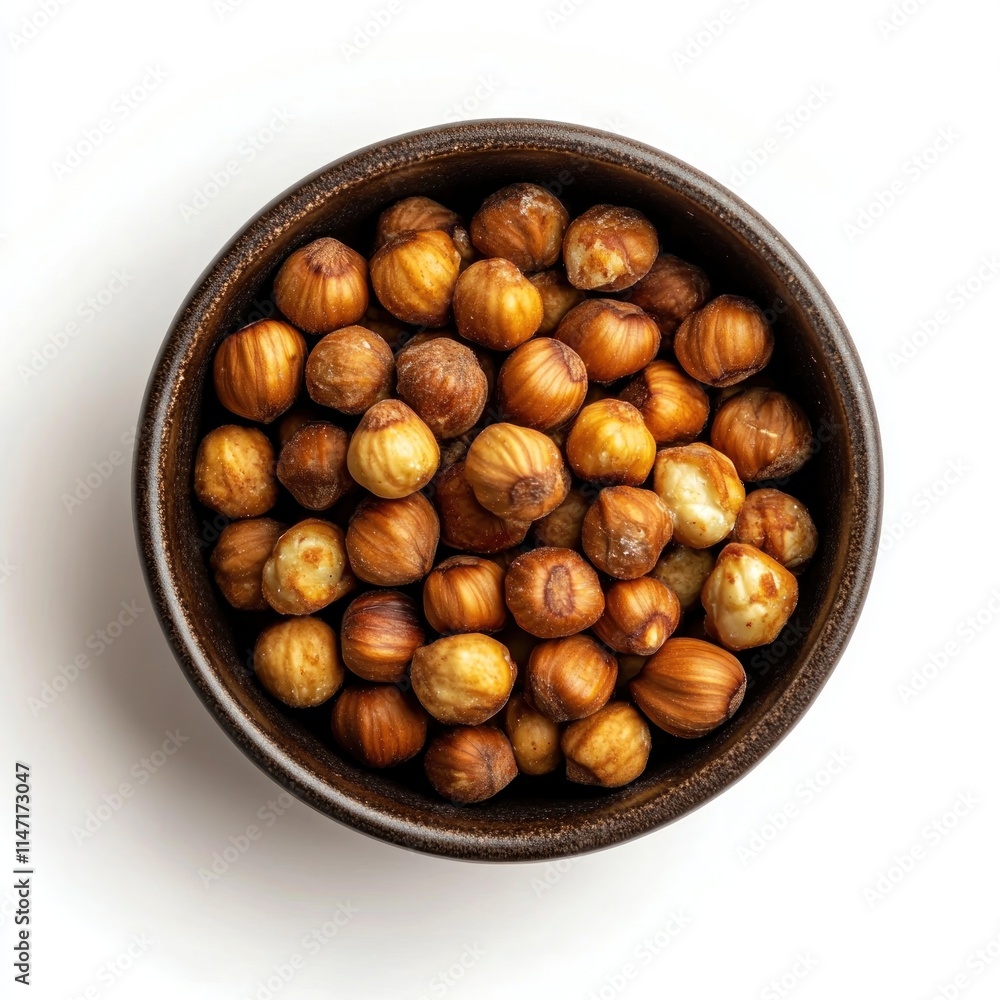 Fototapeta premium Roasted hazelnuts in a bowl, overhead view.