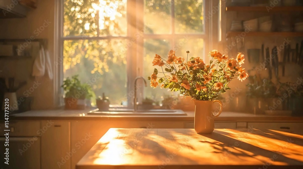 Fototapeta premium Sunlit kitchen with flower vase on table.