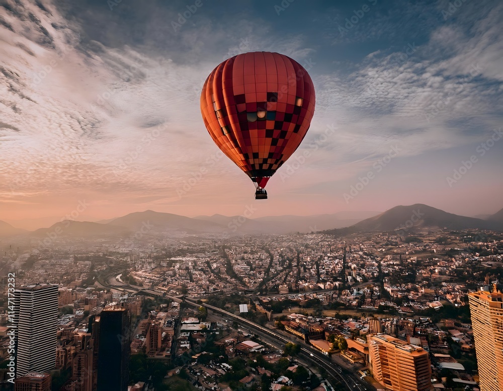 Hot Air Balloon Ascending Over Urban Landscape at Sunrise Hot Air Balloon Ascending Over Urban Landscape at Sunrise
