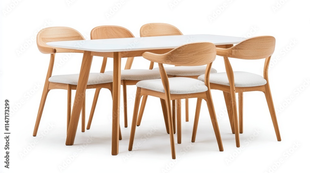 Dining set with rich wood texture and light fabric chairs, clean white background to highlight contemporary kitchen elegance, ideal for ad visuals Dining set with rich wood texture and light fabric chairs, clean white background to highlight contemporary kitchen elegance, ideal for ad visuals