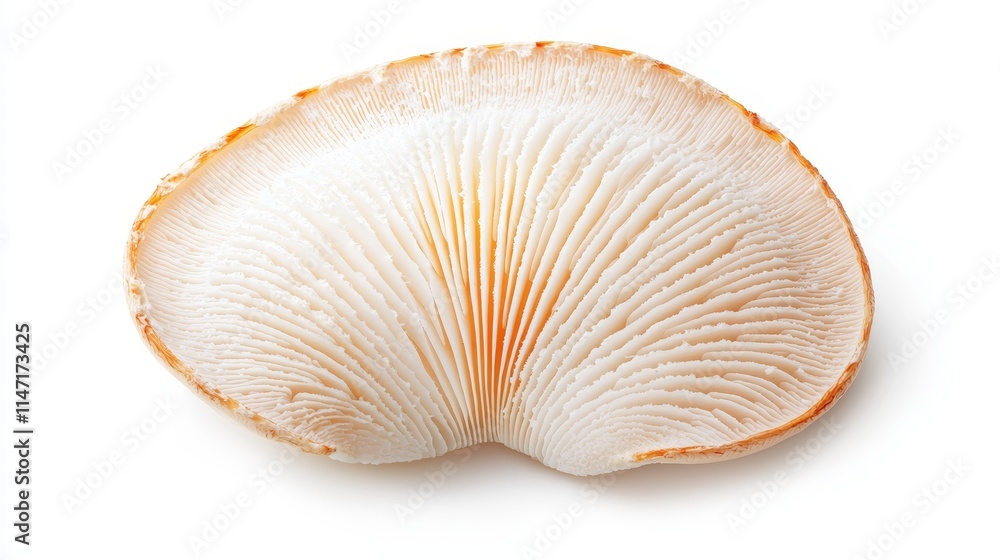 Champignon mushroom cap, side angle, sharp details on gills, soft lighting, isolated on white background Champignon mushroom cap, side angle, sharp details on gills, soft lighting, isolated on white background