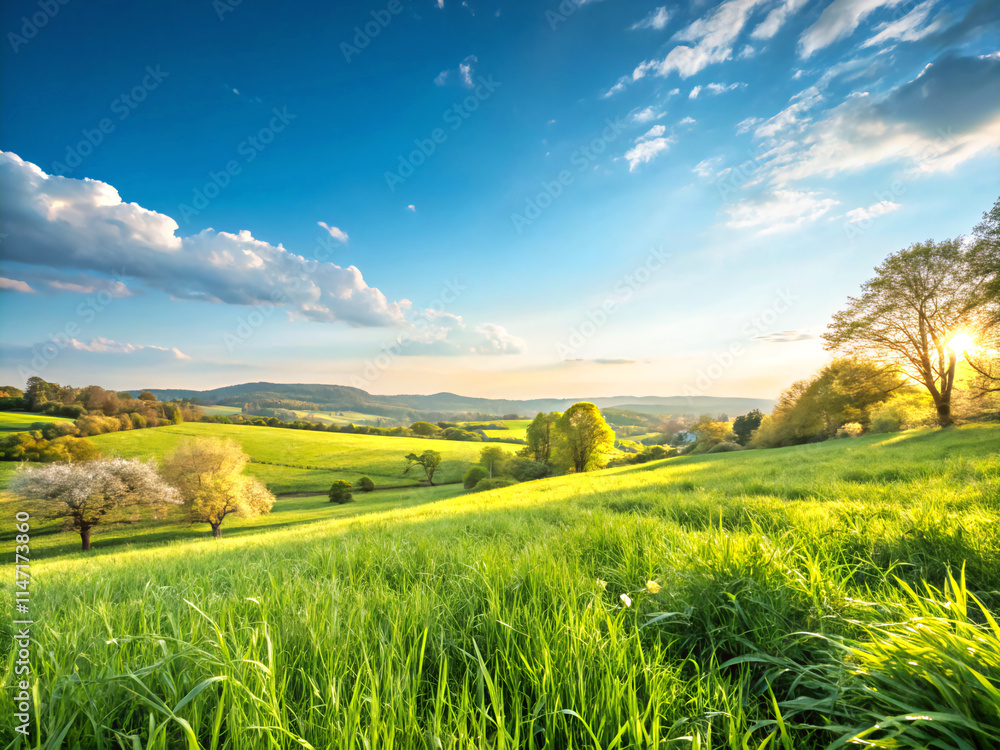 Fototapeta premium sunset over the field. landscape, sky, grass, nature, field, meadow, summer, mountain, green, cloud, clouds, tree, hill, countryside, horizon, rural, spring, forest, country, view, agriculture, sun, p