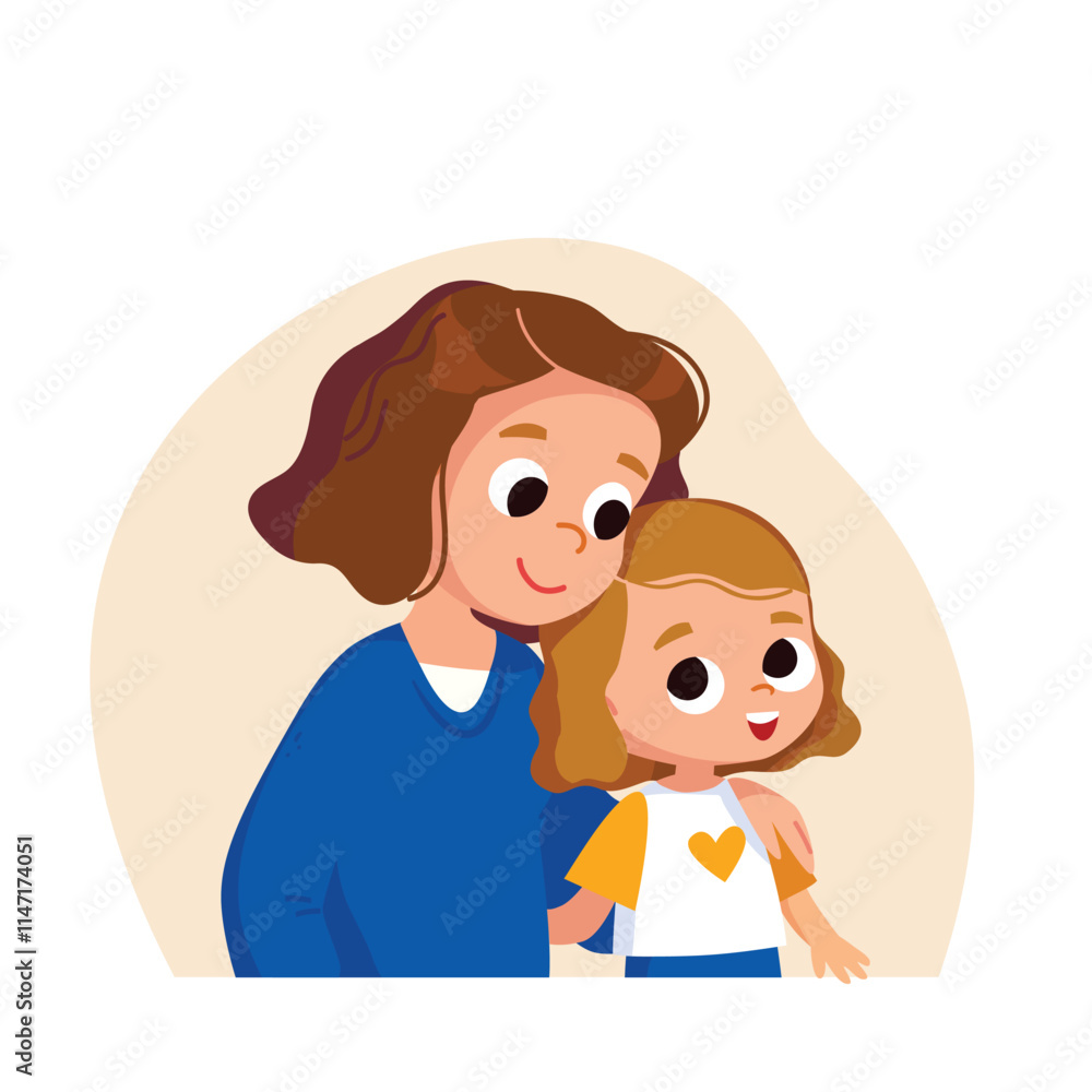 Portrait of daughter and mother together. Mom hugs her daughter, parental feelings, parental care, love, family relationships. Daughter looks at mom Mom looks at daughter, parenting moments Portrait of daughter and mother together. Mom hugs her daughter, parental feelings, parental care, love, family relationships. Daughter looks at mom Mom looks at daughter, parenting moments