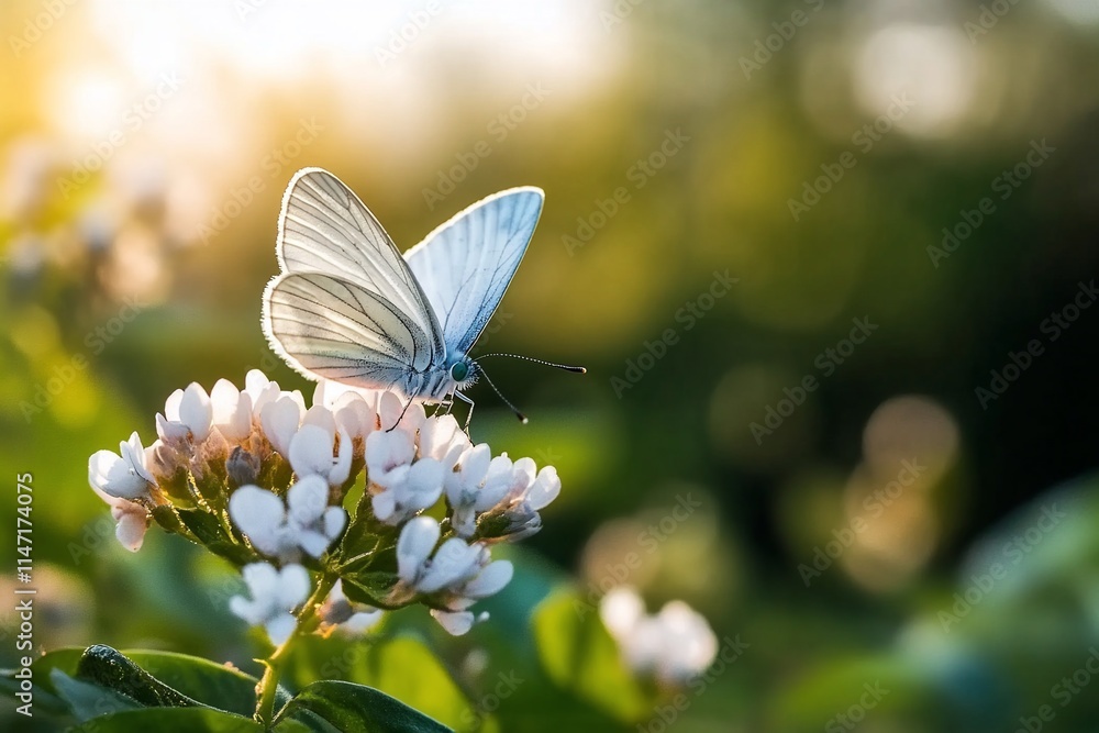 White butterfly on white flower in sunlight. White butterfly on white flower in sunlight.