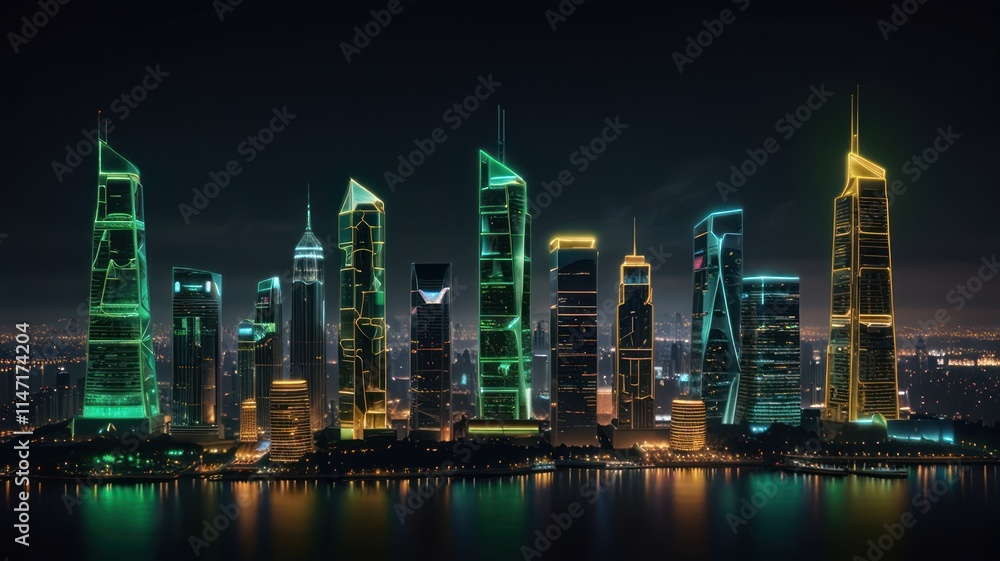 Futuristic City Skyline Illuminated With Neon Lights Futuristic City Skyline Illuminated With Neon Lights