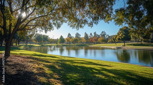 Sunny autumn day at a tranquil park lake. photo