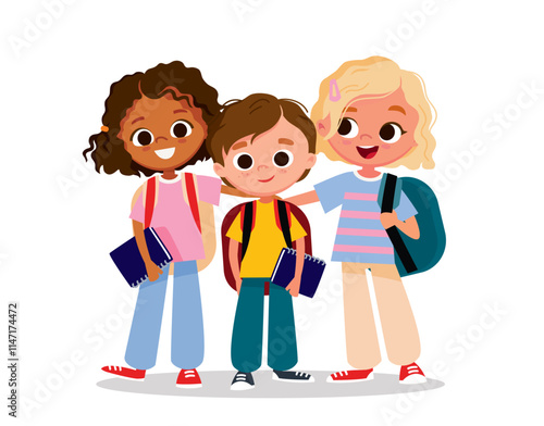 Set group of diverse characters, style kids young people friends together, hugging posing. Fellow, students, classmates, buddies, pals doing keepsake photograph isolated on white background.