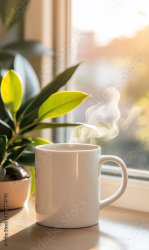 Wallpaper Mural Warm coffee cup steam rising on windowsill, beside houseplant, sunlight. Torontodigital.ca