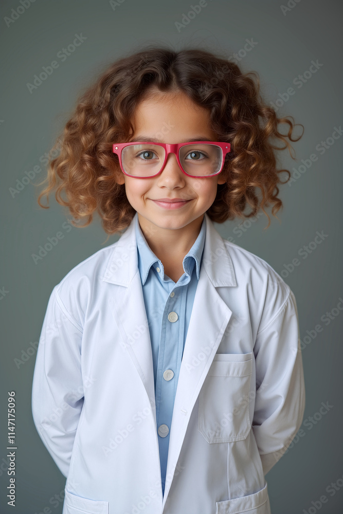 A cheerful young child wearing a lab coat and glasses smiles warmly, exuding confidence in a professional setting - Generative AI A cheerful young child wearing a lab coat and glasses smiles warmly, exuding confidence in a professional setting - Generative AI
