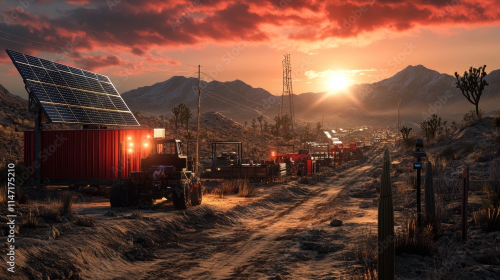 A rugged desert landscape with a solar-powered station, vehicles, and distant mountains under a dramatic red sunset sky.
