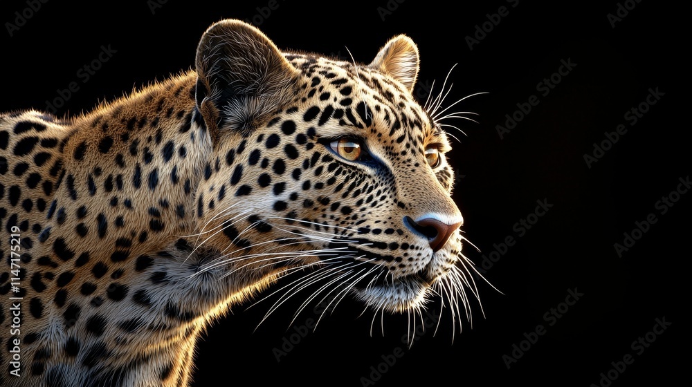 Obraz premium majestic leopard portrait, intense gaze, dramatic lighting, digital art style, black background, isolated on white background