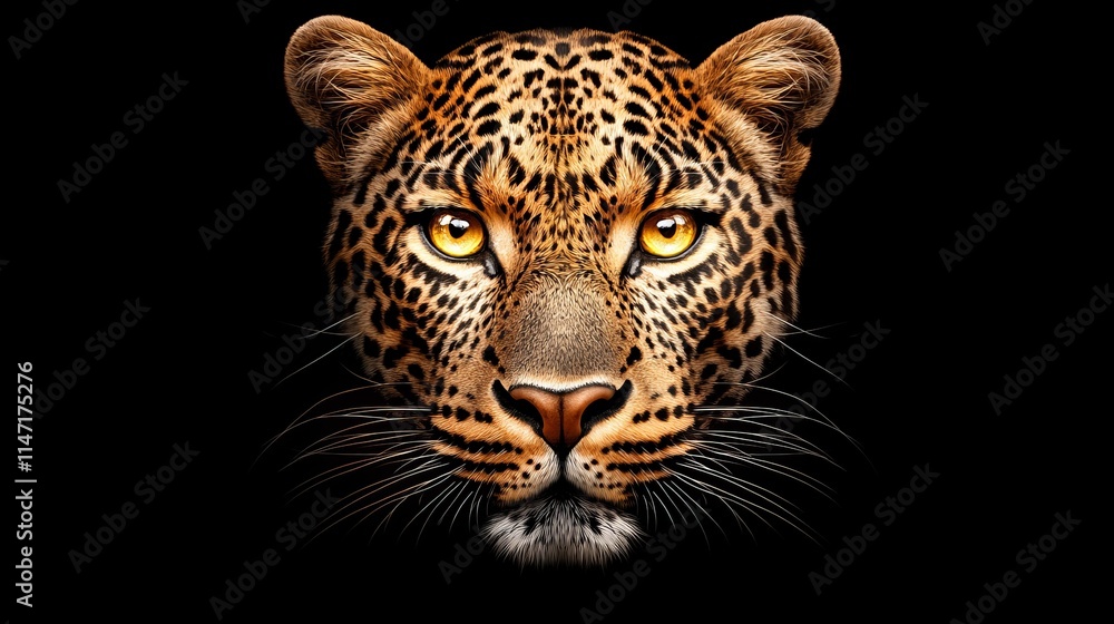 Naklejka premium Majestic leopard portrait with piercing golden eyes, fur details sharply contrasted against a black background, evoking a powerful predator vibe