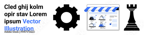 Gear, digital store with products and shopping cart, chess rook piece, text in black and blue colors. Ideal for e-commerce, strategy, development, business planning, shopping online stores
