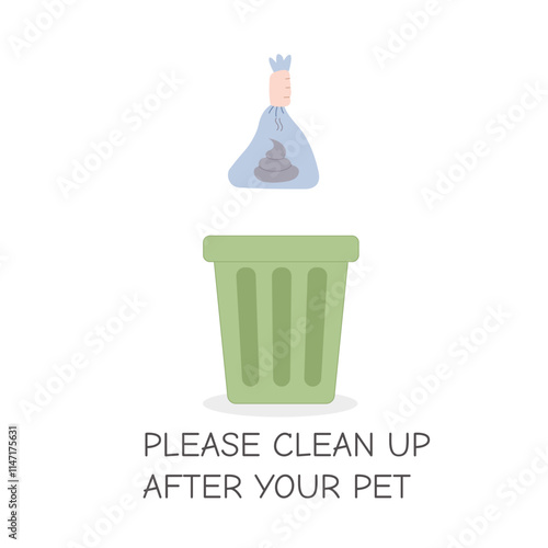 Please Clean Up After Your Pet Hand Holding Poop Bag Over Trash Bin Vector Illustration
