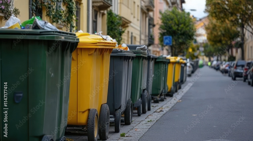 A row of colorful recycling bins line a city street. A row of colorful recycling bins line a city street.