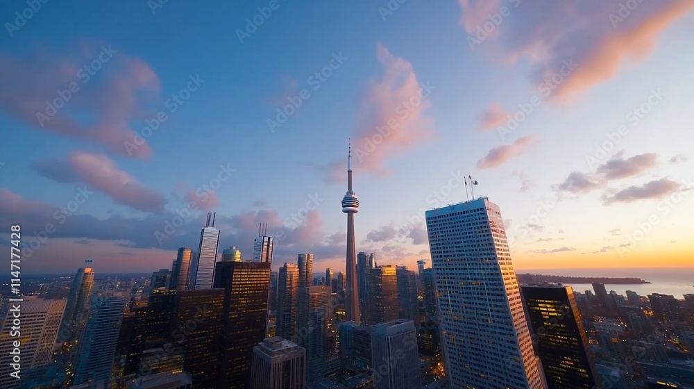 Fototapeta premium Toronto skyline at sunset, city buildings, tower.