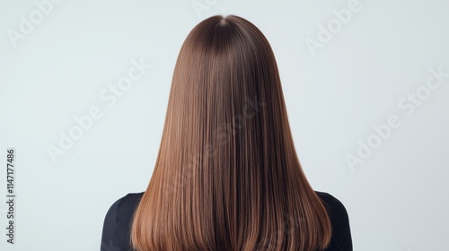 Long straight brown hair of a woman styled elegantly, captured against a light background. photo