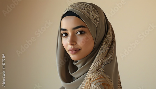 Portrait of young beautiful Muslim woman dressed in beige hijab against background with copy space