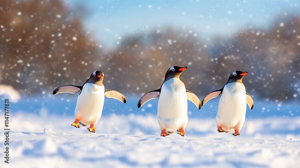 Three Gentoo penguins running in snow. Three Gentoo penguins running in snow.